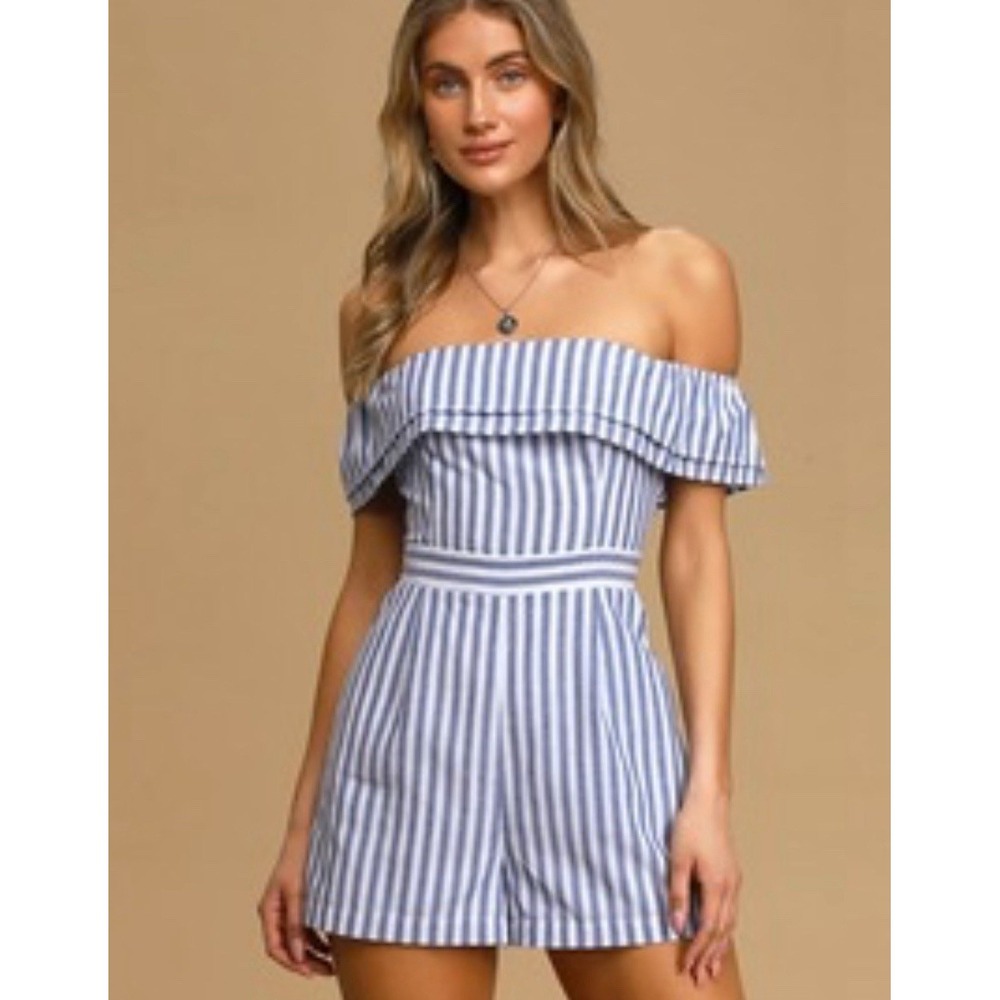 Lulus Women's Blue Striped Off-the-Shoulder Romper Pockets Lined Size Medium